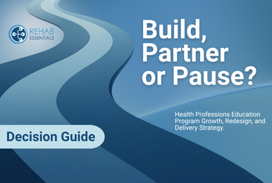 Decision Guide cover Build Partner or Pause with Rehab Essentials logo on a blue wavy background