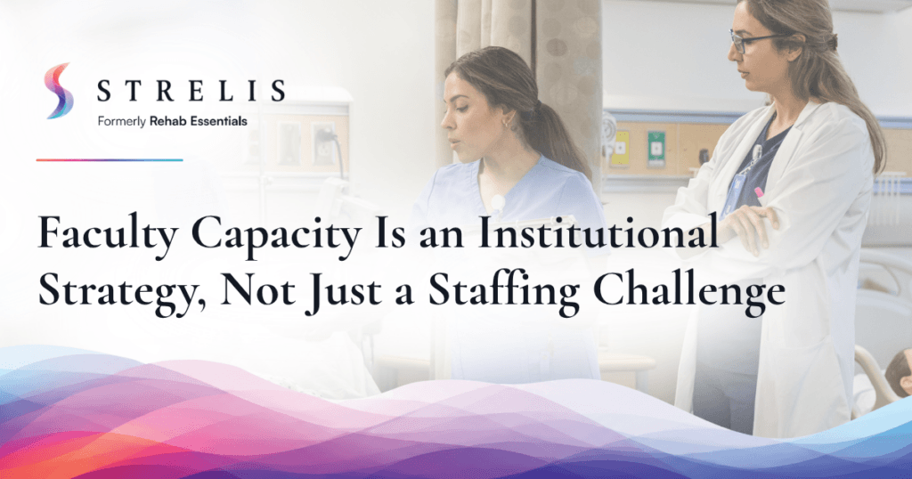 Banner advertising a healthcare staffing article with STREIS branding and two nurses in a hospital room over a colorful wave design