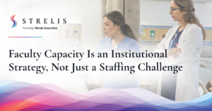 Banner advertising a healthcare staffing article with STREIS branding and two nurses in a hospital room over a colorful wave design