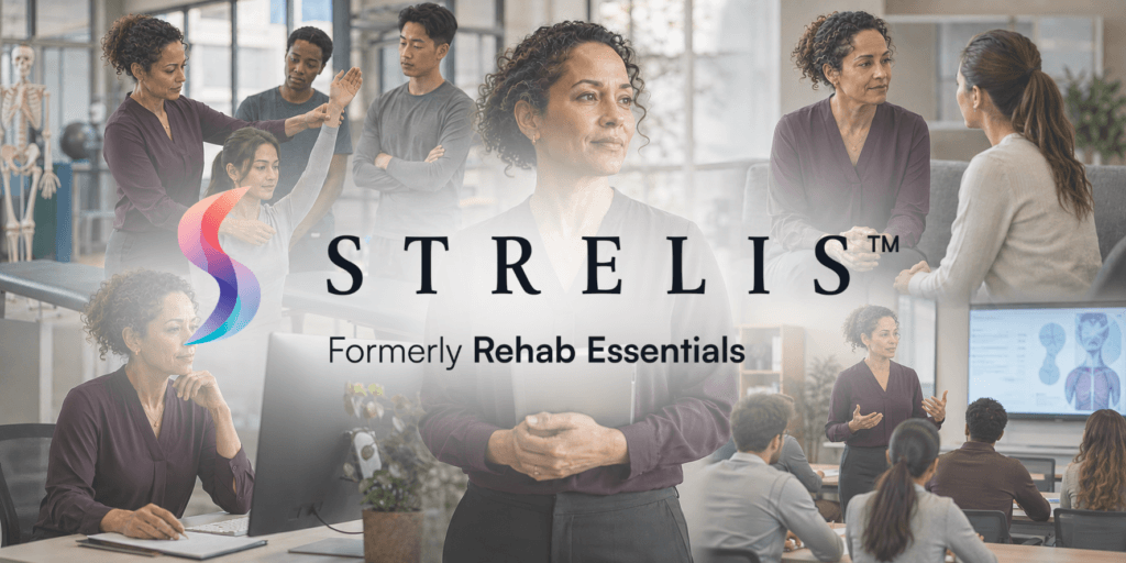 Group of healthcare professionals in a rehab clinic with a large Strelis logo overlay and the text Formerly Strelis™, formerly Rehab Essentials